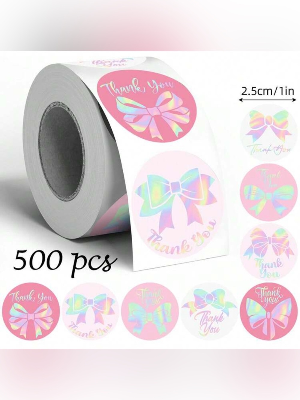 500 Holographic Bow "Thank You" Sticker Roll